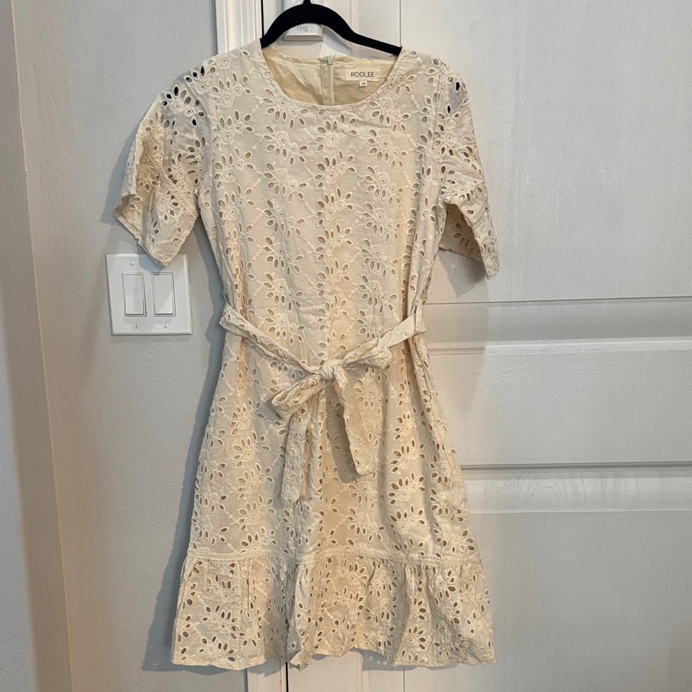 roolee cream colored eyelet dress. size xs. zipper. tie around waist. excellent.